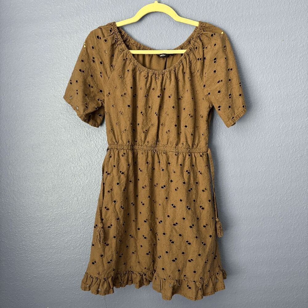 Nuon Women's Dress Brown Broderie Puff Sleeve Mini Short Sleeve Medium Tie Waist